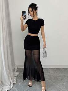 SHEIN Tall 女士纯色半透明拼布半身裙 - 黑色 - 查看 1