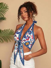 Travachic 波西米亚风无袖露背短款上衣，饰有打结细节和鲜艳的印花图案，适合秋冬季节穿着。这款露背系带上衣采用花卉印花设计，休闲时尚，是秋季女性的理想之选，适合外出穿着，尽显优雅气质。 - 彩色 - 查看 5