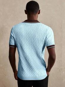 Manfinity Homme 男士条纹短袖单排扣休闲针织上衣 - 淺藍色 - 查看 2