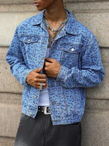 PAVTROS 男士豹纹长袖单排扣休闲牛仔夹克 - 淺色水洗藍 - 查看 6