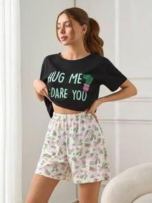 RueChic Women 3 Pcs Contrast Colour Cactus Pattern Homewear PJ Set - Black - View 9