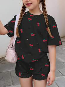 Emery Rose Kids Emery Rose Kids 2pcs Tween Girls Casual Simple Cherry Print Short Sleeve T-Shirt And Shorts Set, Suitable For Summer Cherry Clothes Tween Fruit T Shirt Girls Y2k Kawaii Shirt Cherry Shirt - Multicolor - View 1
