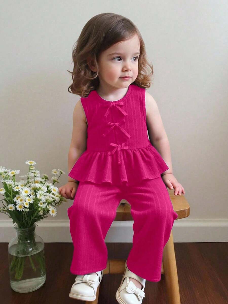 SHEIN Playful Pals Baby Girl Blue Round Neck Sleeveless Top Elastic Waist Sweet Suitable For Outdoor Wear - Hot Pink - View 1