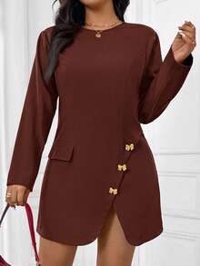 SHEIN Frenchy Robe évasée élégante et minimaliste avec boucle métallique rouge, grande taille. Convient pour le bureau, les déplacements, les fêtes, les rassemblements, le Nouvel An, Noël - Tabac - Voir 5