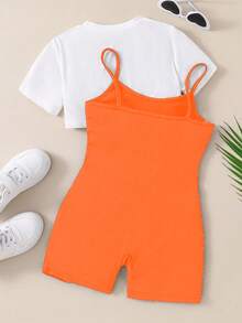 2 chiếc/bộ áo crop top tay ngắn + áo liền quần màu cam trơn cho bé gái tuổi mới lớn, thích hợp cho các buổi tụ tập ngoài trời, vui chơi và chụp ảnh - Nhiều màu - Xem 2