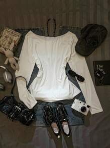 SHEIN EZwear Autumn New Arrival Oversized Round Neck Oblique Shoulder Ruffle Hem Printed Long Sleeve Sexy Asymmetric Neck Pullover T-Shirt For WomenIn Fall/Winter