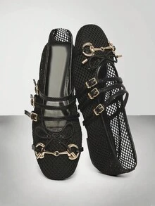 Solezae 女士方头网眼玛丽珍芭蕾平底鞋——舒适百搭的经典必备单品 - 黑色 - 查看 6