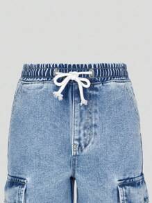 Tween Mädchen Jeans im Y2K-Stil, neue Version, hellblauer Denim-Farbton, Kordelzug Gummibund, Cargo-Taschen, weite Passform, modischer lässiger Schulstil, Tween Mädchen Jeans - Helle Waschung - Übersicht 6