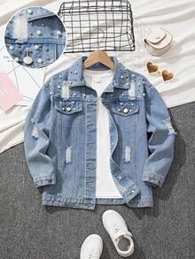 青少年女孩 Y2K 风格牛仔夹克和外套，秋冬新品，浅蓝色水洗做旧撕破串珠正面修身休闲牛仔夹克，适合青少年女孩