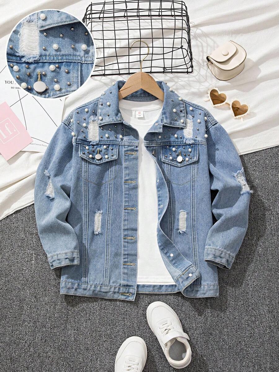 青少年女孩 Y2K 风格牛仔夹克和外套，秋冬新品，浅蓝色水洗做旧撕破串珠正面修身休闲牛仔夹克，适合青少年女孩
