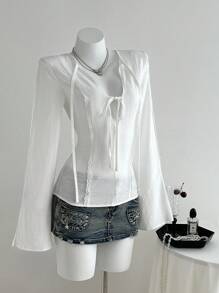 SHEIN Unity Camicetta leggera a maniche lunghe da donna con scollo a V, design di nicchia, vestibilità slim, con inserti in pizzo floreale delicato - Bianco - Visualizzare 3