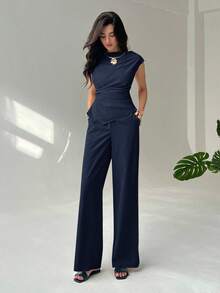 Aloruh 简约通勤办公套装，新款春夏船领短袖收腰女式衬衫+高腰超长阔腿女式长裤，两件套 - 藏蓝色 - 查看 7