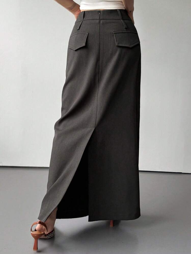 Women's Solid Color Straight Long Skirt With Slit, Casual Autumn/Winter Skirt