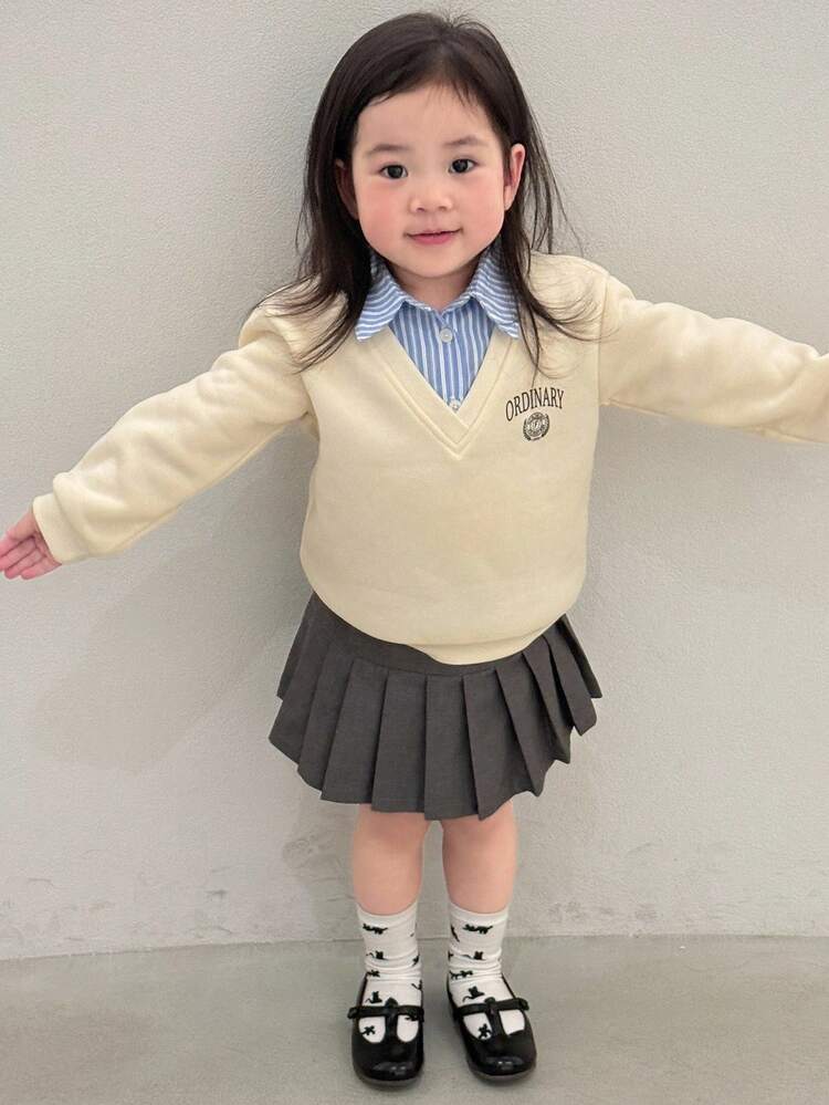 DAZY 女婴韩版条纹撞色长袖卫衣，秋冬季幼儿女童服装 - 杏色 - 查看 3