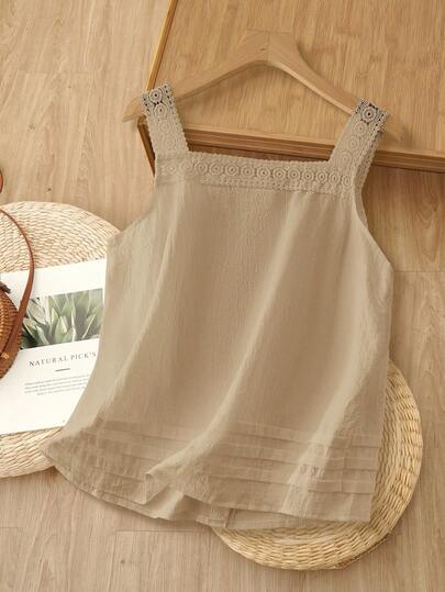 Rusticease Women's Solid Color Lace Splice Summer Square Neck Sleeveless Shirt Babydoll Tops Lace Trim Camisoles Button Down Tank Tops Square Neck Tops Sleeveless Blouses