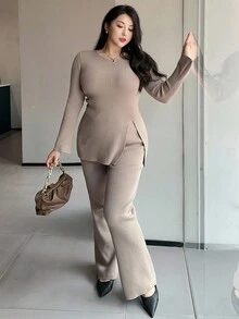 Dazy Plus مجموعة كنزة صوفية بياقة طاقم مع حافة مضبوطة وشق وبنطلون مصنوع من الصوف بساق متسعة، مقاسات كبيرة للنساء في فصل الخريف، قطعتان