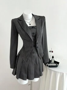 Elamini 2pcs Women's Striped Suit Set With Collared Blazer Jacket And Pleated Dress, Black, Suitable For Commuting, School Style, Back To School Season - Dark Grey - View 7
