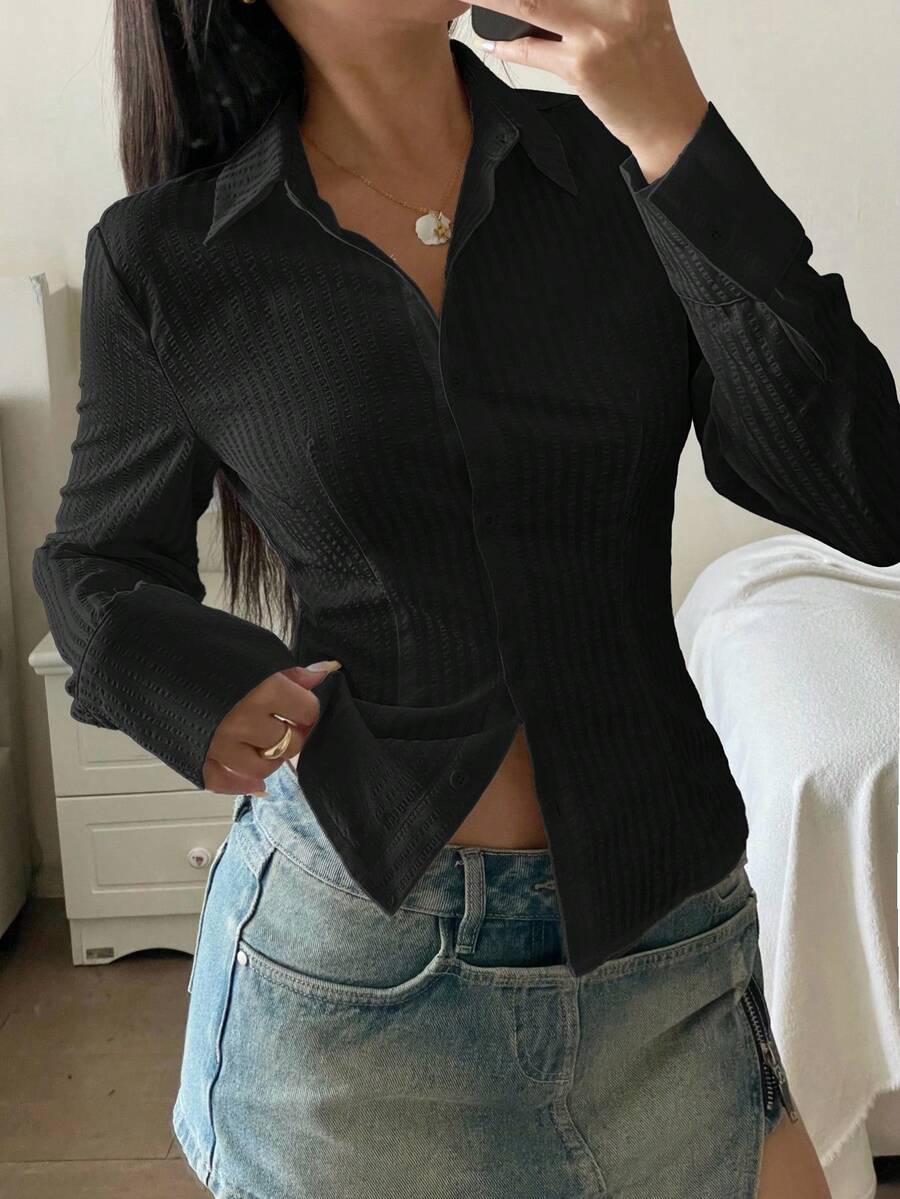 少女黑色修身弧形下摆图案衬衫、条纹衬衫、学院风衬衫、黑色衬衫、百搭百搭衬衫、少女衬衫 - 黑色 - 查看 1