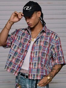 AXEPEAK Chemise décontractée à manches courtes, coupe ample, tissée pour hommes, Emo - Multicolore - Voir 2