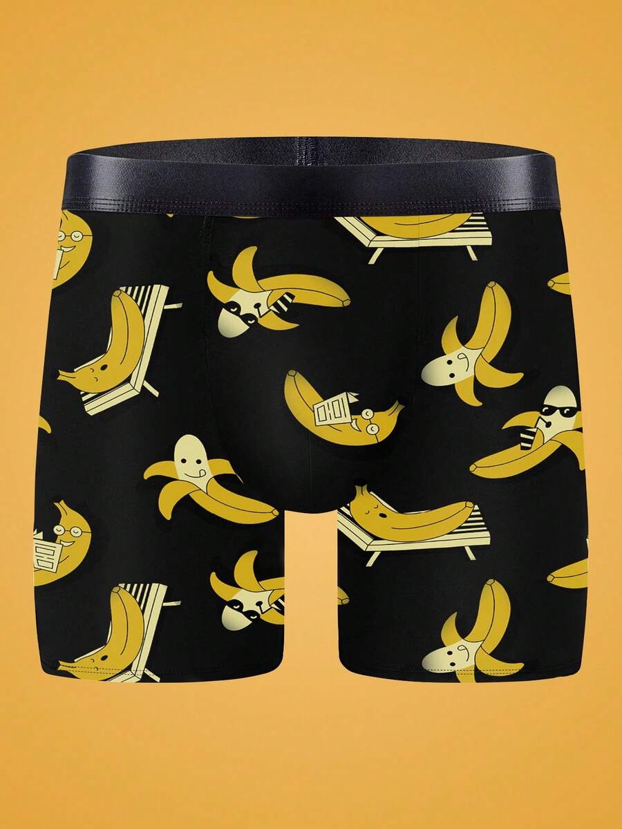 Happy Jammies 男式香蕉印花松紧腰休闲平角内裤 - 黑色 - 查看 1