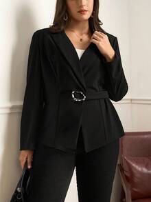 SHEIN Clasi Blazer negro de corte slim con decoración de botones dorados para mujer de talla grande, adecuado para el trabajo y el transporte, blazer de otoño/invierno para mujeres - Negro - Ver 4