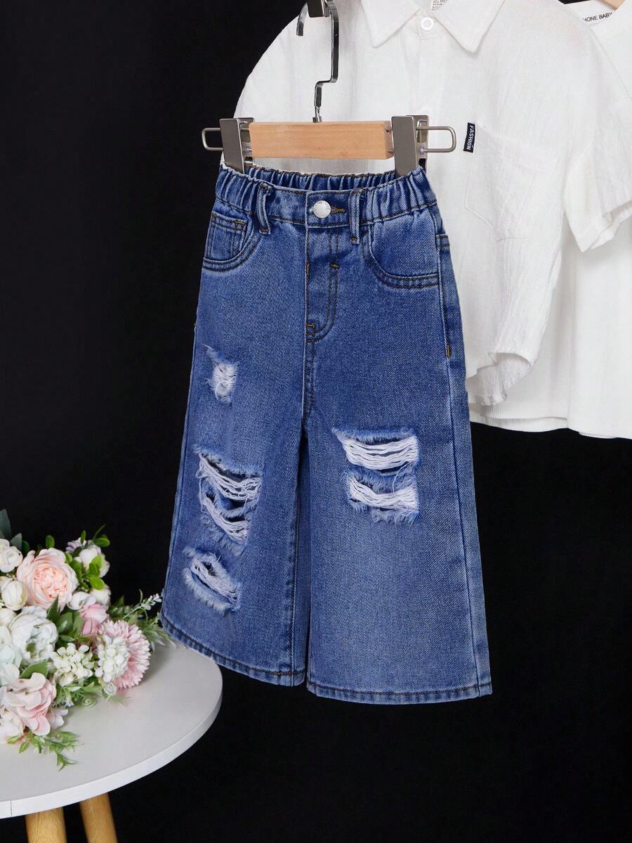 SHEIN 女婴蓝色宽松破洞牛仔裤 - 中等水洗藍 - 查看 1