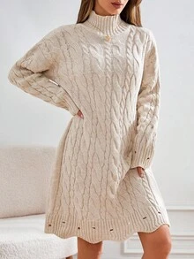 SHEIN Tall Rochie de damă înaltă, cu guler înalt, cu mânecă lungă, casual, tricotată, cu guler înalt - Caisă - Vizualizare 3