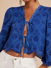 Travachic Blusa azul de mujer con mangas farol, cuello con lazo y bordado, blusa azul real con ojales, top corto azul con lazo delantero, blusa azul con lazo delantero, otoño e invierno para mujer, estilo casual, otoño para mujer, elegante, salida, elegante, estilo campestre para mujer, Día Nacional, Año Nuevo, elegante y lujosa para graduación