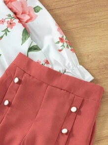 SHEIN Young Girl Floral Blouse With Double Breasted Pants - Multicolor - View 4