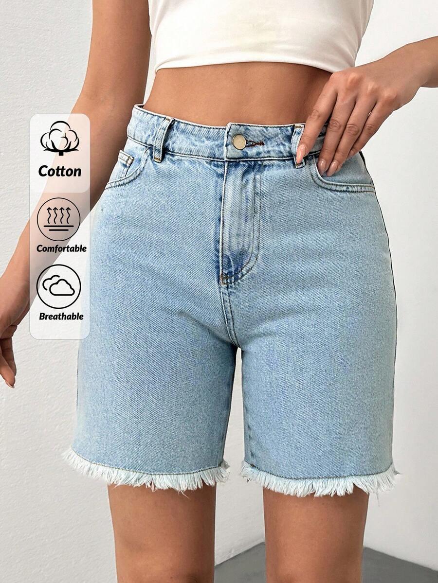 SHEIN Cottnline 女士浅色雪花洗高腰毛边牛仔短裤 - 淺色水洗藍 - 查看 1