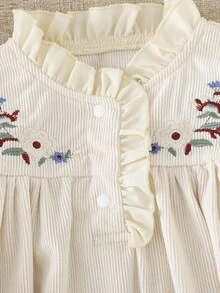 Souflis Souflis Vintage elegantes, luftiges, bequemes Rüschen-Kleid mit floraler Stickerei aus Cord-Stoff in Apricot, Langarm, für Baby Mädchen, 3 Monate - 3 Jahre