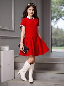 青少女彩塊POLO領褶皺袖體育連衣裙 - 紅色 - 查看 1