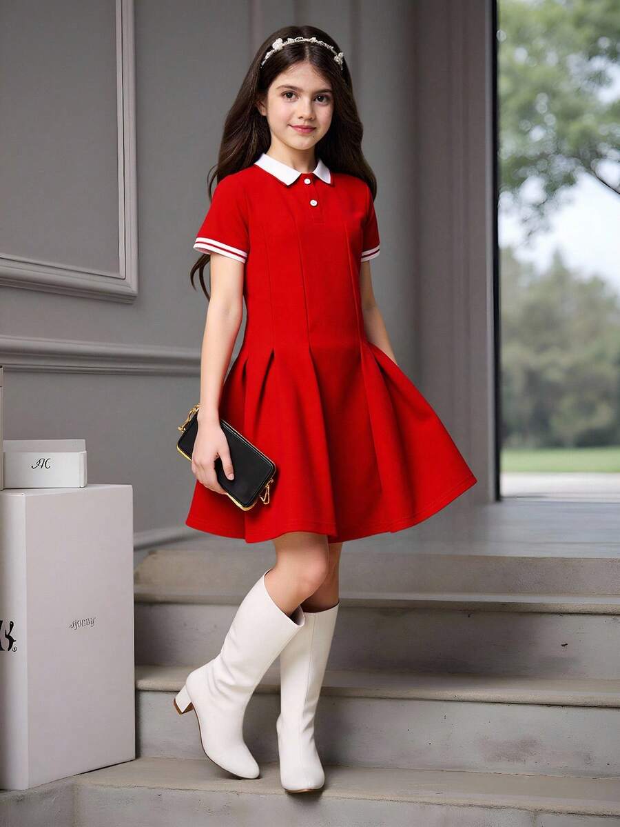 青少女彩塊POLO領褶皺袖體育連衣裙 - 紅色 - 查看 1