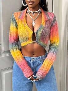 BamGleam Women's Long Sleeve Cardigan Short Shirt Collar Color Block Sexy Knit Sweater Fall Winter Cloth For Women