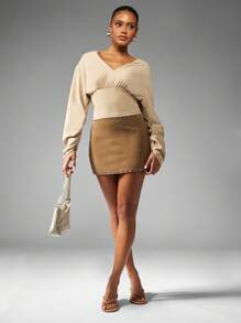 MISSGUIDED Langarm V-Ausschnitt gerafftes Empire Taille Bluse, elegante Taille Raffung Top für besondere Anlässe, Herbst-Winter Mode Statement-Piece - Khaki - Übersicht 6