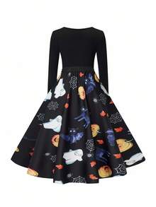SHEIN LUNE Halloween Plus Size Women's Random Printed Simple Daily Long Sleeve Dress Fall Cloth For Women - Multicolor - View 2