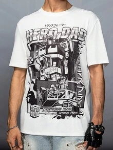 Transformers X SHEIN 男士字母与机器人图案圆领短袖T恤，2000年代风格 - 白色 - 查看 6