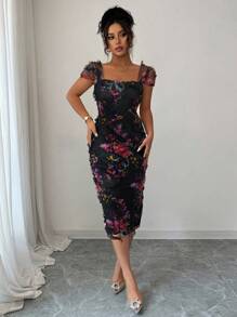 Elenzga Elegancka, romantyczna sukienka damska z siateczki z nadrukiem i marszczeniami w talii o średniej długości, odpowiednia na sezon ślubny, imprezy, randki, nieformalne wyjścia i nie tylko - Czarne - Zobacz 4