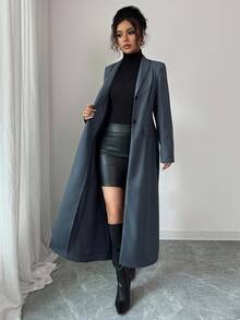 Elenzga 女士优雅高品质通勤办公室高端纽扣设计修身 A 字中长西装外套，秋冬女装 - 深灰色 - 查看 7