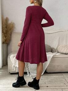 Cheriluna Maternity Maternity Solid Ribbed Collar Buttoned Front Midi Dress, Casual Round Neck Long Sleeve, Spring/Autumn - Burgundy - View 2