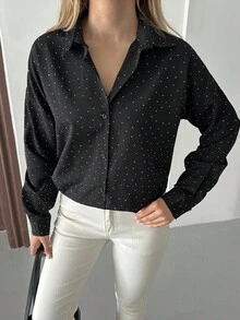 EURMUSE 女士水钻装饰长袖单排扣宽松休闲衬衫，女士时尚黑色衬衫 - 黑色 - 查看 5