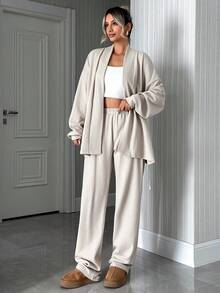 SHEIN Tall Tall Size Cotton Drop Shoulder Belted Cardigan & Pants - Beige - View 3