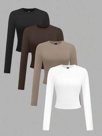 Chiquease 4pcs Women Casual Solid Color Round Neck Long Sleeve Short Style T-Shirt Set, Autumn/Winter Fall Cloth For Women