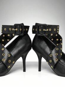 SHUZIA Women's Elegant Minimalist Point Toe Stiletto Heel Pumps With Buckle Eyelets Decors - Black - View 6