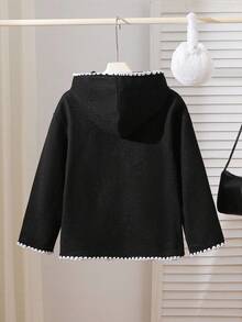 SHEIN Tween Girls' Elegant College Style White Contrast Trim Pocket Hooded Coat - Black - View 5