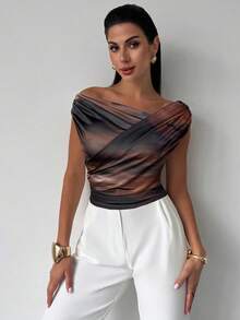 Firerie 女式优雅简约日常通勤时尚都市时尚平价褶皱图案印花修身上衣，秋季 - 彩色 - 查看 2