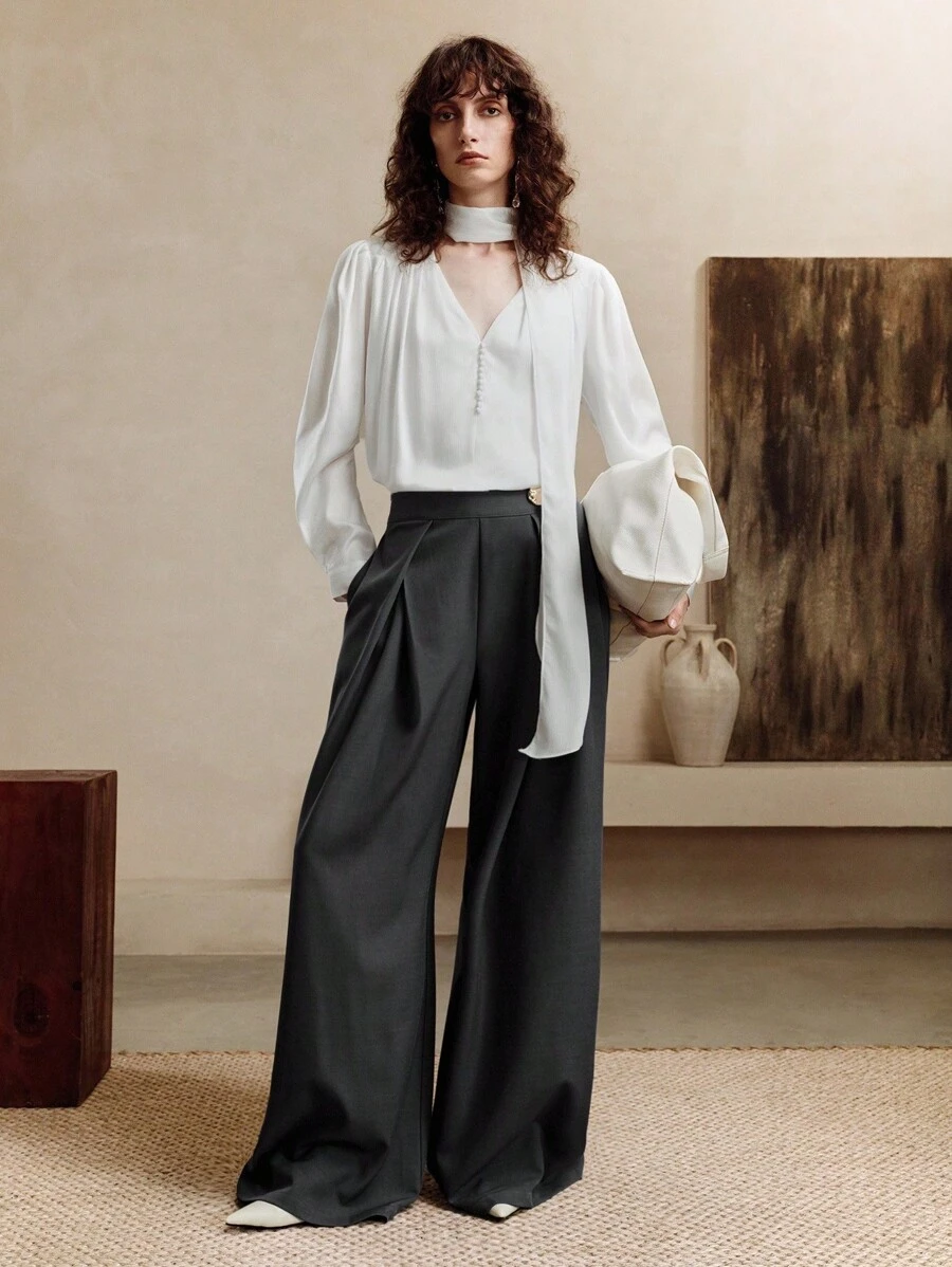 Arave Women's Chiffon Fabric H-Shaped Loose V-Neck Large Ribbon Shoulder Pleating Leg-Of-Mutton Sleeves Placket Mushroom Button Design Daily Commuting Long-Sleeved Shir Fall Clothes For Women Long Sleeve Shirt - Apricot - View 1