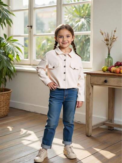 SHEIN Girls Lapel Long Sleeve Fashion Casual Jacket, Suitable For Spring/Autumn Mild Weather Outdoor Activities & Daily Wear Fall Winter