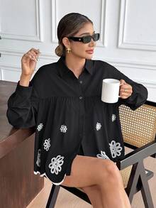 SHEIN Frenchy Damen Mode Lässig Blumen Muster Hemd & Shorts 2 Stücke Set