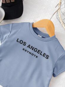SHEIN 3pcs/Set Babybo Summer Casual Letter Print Short Sleeve T-Shirt, Elastic Waist Shorts, Bonus Crossbody Bag - Blue - View 9